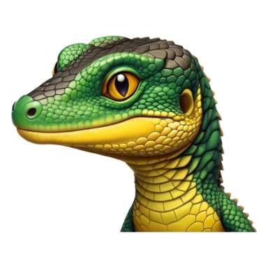 cinematic-realistic-cute-monitor-lizard-portrait-emoji,-head-tilted-playfully-and-inquisitively,-featuring-a-compact,-agile-body-with-finely-detailed,-glossy-scales-in-earthy-black and yellow-hues-and-a-distinct,-alert-face-with-bright,-curious-eyes, black , yellow spotted and green band  scales and a slender neck sticker