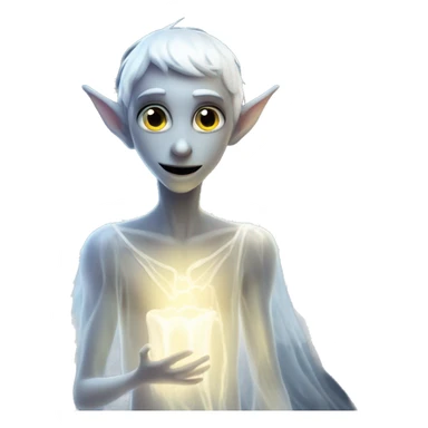 Elf male ghost fairy in a translucent dress, ephemeral wings, surrounded by glowing ghostly lights, Halloween theme, emoji sticker