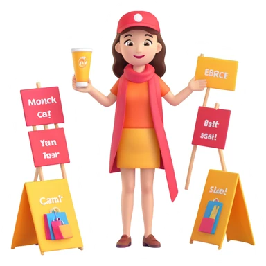 woman enthusiastically promoting a product to a group of customers outdoors, with banners and product samples sticker