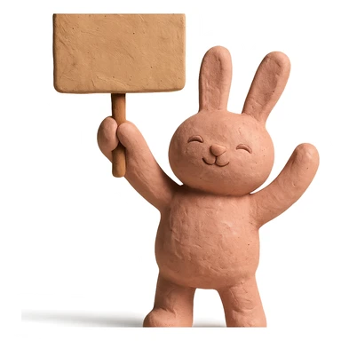 rosy bunny holding signboard high, claymation style sticker