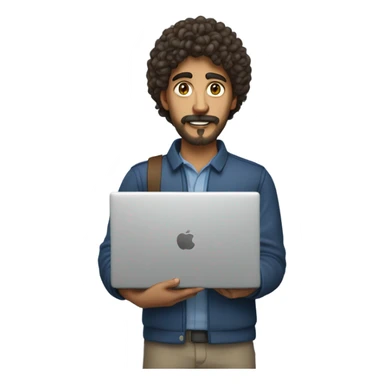 no glasses, Mexican school IT technician with apple laptop and with curly hair and mustache and beard  sticker