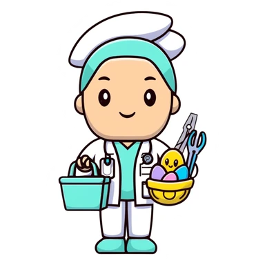 plastic surgeon in pastel scrubs with Easter basket and surgical tools sticker