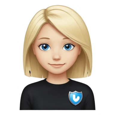 a new character a girl with shoulder length blonde hair wearing black clothes and wearing a cheeky smile she has blue eyes her black sweater has an emo style badge sticker