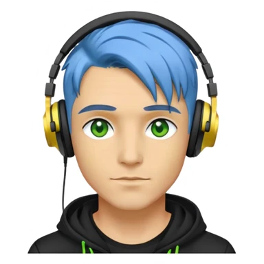 Blue-dyed hair, yellow skin, headphones, green eyes, black clothing, male, man, guy, apparels, jewelry, aesthetic, fashionista sticker