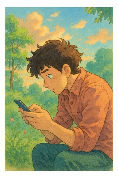 a man hunched over his cell phone, ghibli style sticker