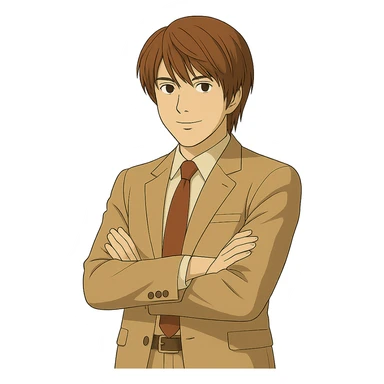 Create an exact Light Yagami in Ghibli style, standing with his arms crossed and a subtle smile, wearing the same suit, with the same confident expression. Match the face, hair, and suit details exactly to the reference image. Transparent background. sticker