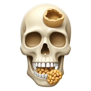 Human skeleton with his brain replaced with a peanut sticker