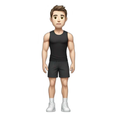 Confused Pale skinned Fit Man With the biceps and dark brown hair in black shirt, gray sports shorts and white Sneakers sticker