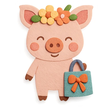 piglet with flower crown and gift bag, paper-craft style sticker