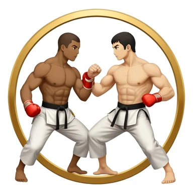 Round emblem symbolizing striking martial arts. The emblem features two fighters in dynamic stances, one delivering a powerful punch while the other defends with a block. In the center, a stylized fist and foot crossed to represent the essence of striking.  sticker