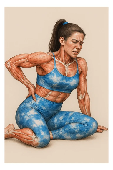 Realistic anatomical illustration of a woman in sportswear inspired by the reference photo, sitting on the ground with one hand on the hip and the other on the back, highlighting muscles and joints involved, expression of pain, neutral background. sticker