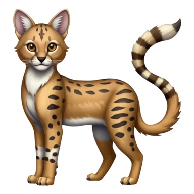 Realistic patterned marked edgy greyish blackish whitish silvery coppery Shiny Colorful Glossy Genet-Caracal-Lion-Bobcat-fusion-animal-hybrid-creature, full body, tufted ears, long thin tufted tail sticker