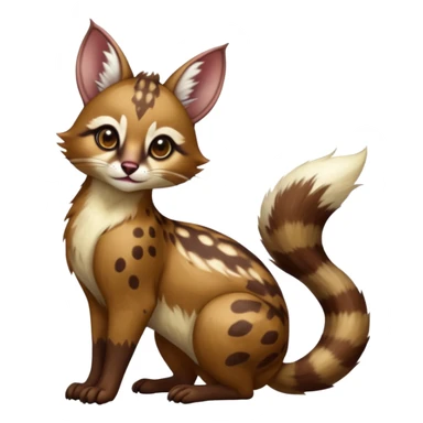 Colorful dark realistic chocolate-brown tropical beige fur glorious divine exotic cute cool beautiful shiny beautiful fantasy-Furret-caracal-civet-genet-sergal-vernid-Cacomistle-oncilla-animal-hybrid-fursona with white deer-spots pattern markings (full body) sticker