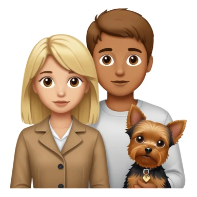 tan skin brown hair boy, blonde girl with yorkie sticker