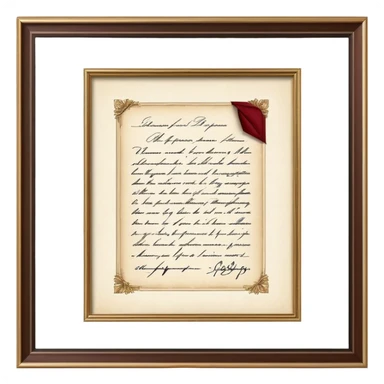 Icon for Autograph Collecting: a signed piece of paper or book page with a famous signature, surrounded by a collection of several framed autographs. Transparent background. sticker