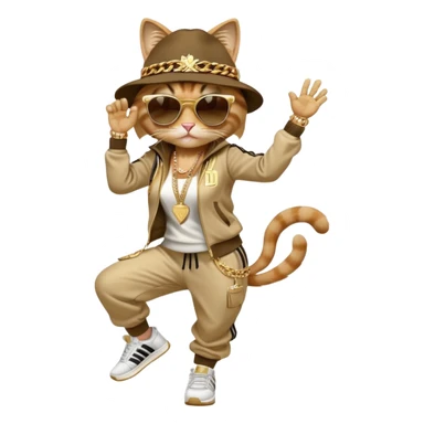 female cat in Run DMC hip-hop outfit with tracksuit, fedora, Adidas sneakers, dark sunglasses, many gold chains and bling accessories, doing a windmill break dance move sticker