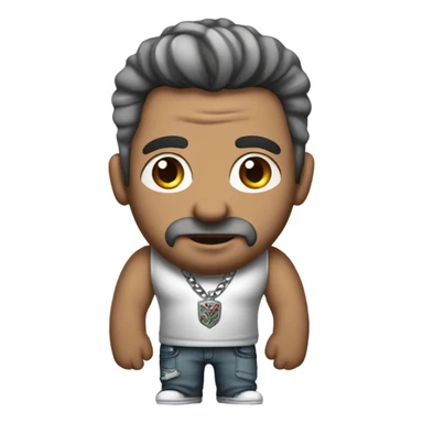 Full body image  of a Man with tattoos, brown hair and grey highlights, thick silver Cuban necklace that has big bug eyes looking  sticker