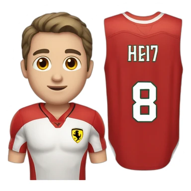 a young white man with no beard and very short dark hair and brown eyes in a red ferrari jersey sticker