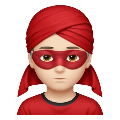 boy wearing red cloth over only eyes boy wears black t-shirt sticker