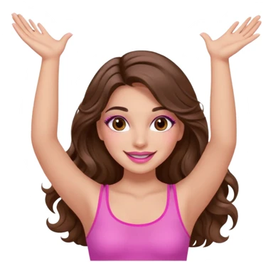 girl with long wavy brown hair, brown eyes, long lashes makeup, sexy pink lips, light to medium complexion, wearing a pink sexy top, both hands in the air high sticker