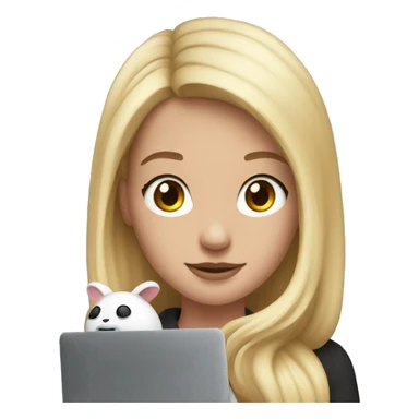 A blonde girl wearing airpods max and looking at a macbook sticker