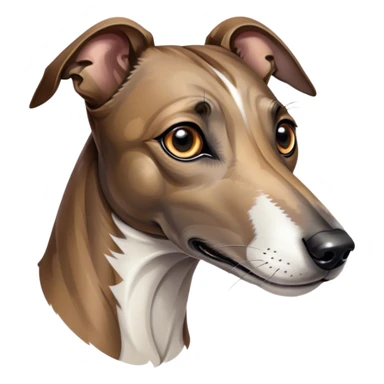 Cinematic Noble Brindle Greyhound Portrait Emoji, Poised and regal, with a slender, aerodynamic build and a refined brindle Fur, deep-set soulful eyes, Simplified yet sharp and sophisticated features, highly detailed, glowing with a soft, dignified glow, high shine, intelligent and agile, stylized with an air of elegance, focused and attentive, soft glowing outline, capturing the essence of a watchful and graceful racer, so majestic it feels as though it could dash out of the screen with effortless authority! sticker