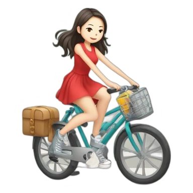 Taiwanese girl with lazy hairstyle wearing red dress and converse shoes riding bicycle and listen music wearing earphone sticker