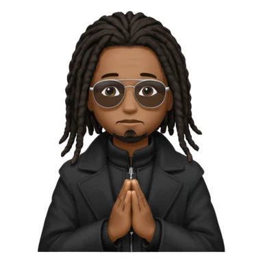 African American man with shoulder length black dreadlocks  wearing black sunglasses wearing a black winter coat praying sticker