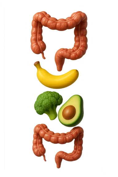 emoji stile iphone in 3d di cibo sano che fluttua in aria vericalmente insieme ùa pezzi di colon umano anatomico, iperrealistico 4k sticker