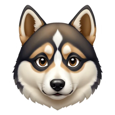 Dog face with black, white and tan. Black on top, around eyes and down sides of snout. Tan eyebrows and white on the rest of the nose and a small triangular strip up between the eyes. Pointy black eyes. Shepard and husky like sticker