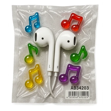 white EarPods headphones surrounded by small colorful glass music notes, glossy and puffy sticker
