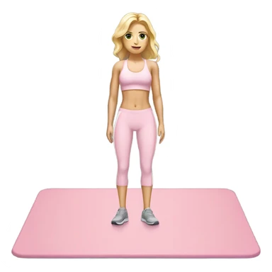 A blonde white girl in a light pink fitness suit with a full-length fitness mat sticker