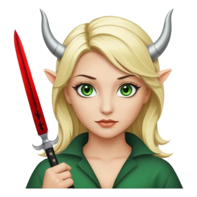 Emoji femme blonde cheveux blond, yeux vert avec de long cils noir qui a des cornes et tiens un couteau  sticker