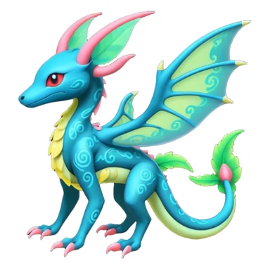 Colorful bioluminescent translucent ornate glowing neon Salandit-Tropius-Flygon-Sylveon-Umbreon-fusion-Pokémon-hybrid-creature  sticker