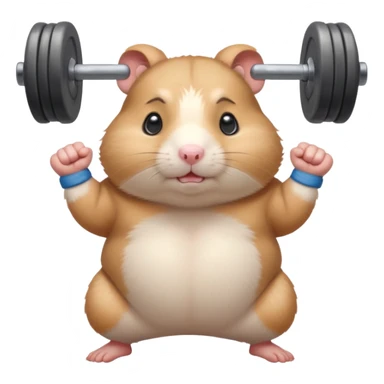 Cute cartoon-style chubby hamster standing upright, wearing a tiny sweatband, lifting oversized dumbbells with determined expression. Soft painterly shading, expressive eyes, white background, sticker-style illustration sticker
