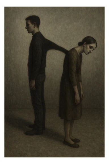 Vertical format: A man with a long shadow stretching and attaching to the back of a woman, she has a curved posture and a dull, lifeless gaze, emotional and somber atmosphere. sticker