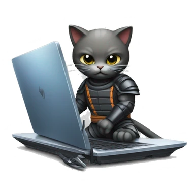 a ninja cat protecting a laptop computer. the cat has a sword and is standing in front of the laptop computer. highly detailed. sticker