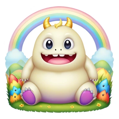 Kawaii derpy fat rainbow monster sitting in a magic field, rich textures, visually rich, so lifelike that it feels like it could leap off the page at any moment sticker