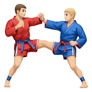 An icon symbolizing Sambo, featuring two fighters in blue and red kimonos with shorts and wrestling shoes. One executes a powerful throw, while the other attempts a defensive grab. The fighters are engaged in a grapple, using joint locks and sweeps.  sticker