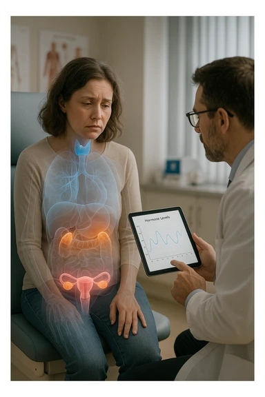Realistic, vertical medical scene: a woman sits in a doctor’s office, looking fatigued and concerned. A semi-transparent overlay shows her internal organs, with the thyroid, ovaries, and adrenal glands glowing or pulsing in different colors to indicate hormonal imbalance. The doctor points to a digital tablet displaying fluctuating hormone levels. The mood is informative and empathetic. sticker