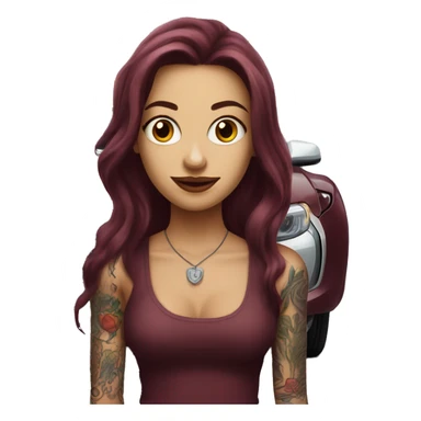 Beautiful tattooed burgundy long haired woman standing next to a car sticker