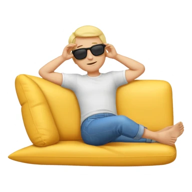 A full-body emoji man, with classic yellow skin tone, lying down or leaning back in a relaxed pose. He is wearing sunglasses and has both arms behind his head. The style should match standard emoji designs (like Apple sticker