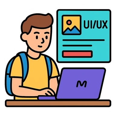 college student working on a laptop, focused on UI/UX design, modern workspace sticker