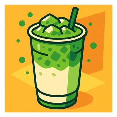 ice matcha latte in a tall cup with a straw, creamy green and white layers, refreshing look sticker