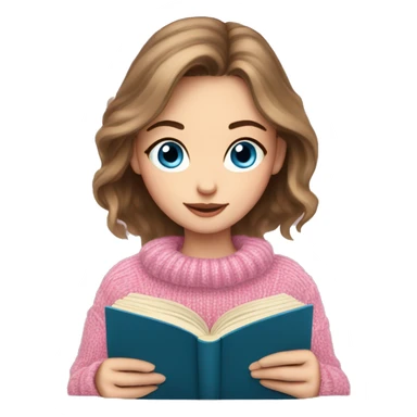 Pretty white girl with blue eyes and brown hair in pink cozy sweater reading book sticker