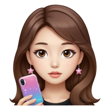 “korean straight brown hair Emoji girl, soft eyeliner and blush, gradient lips, light brown shimmer eyeshadow, sparkly aegyo-sal, long wavy hair,  sticker