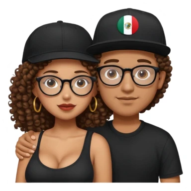 A picture of a tanned couple embracing. the guy is Mexican, with a bald hair cut and he has a SnapBack hat on. The girl is mixed, the girl is wearing a black shirt, the girl has brown curly big hair and the girl has big boobs and the girl wears glasses  sticker