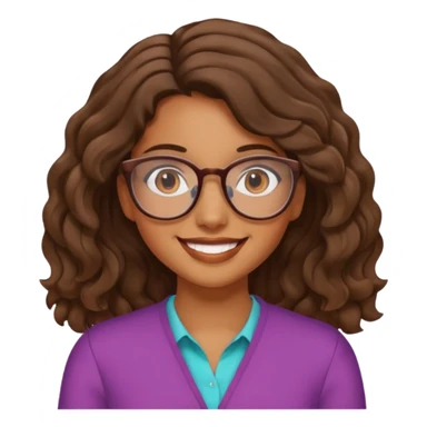 brown girl with wavy  shoulder length hair. glasses, sticker