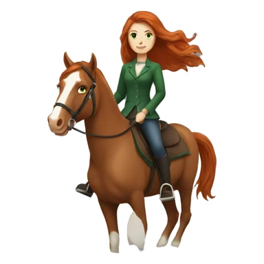 long-haired redhead woman with green eyes, on a horse back riding sticker
