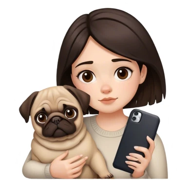 Pretty girl with dark brown casscading choppy hair frames her face as she holds her phone and her big pug lays beside her sticker